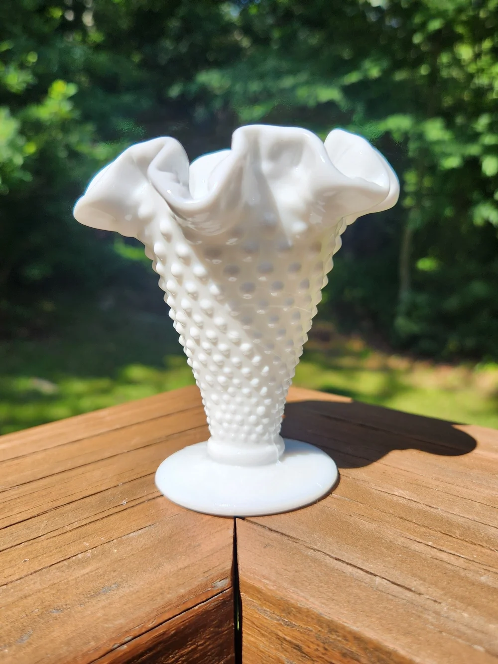 Vintage Fenton White Milk Glass Hobnail Ruffled Mini Vase
